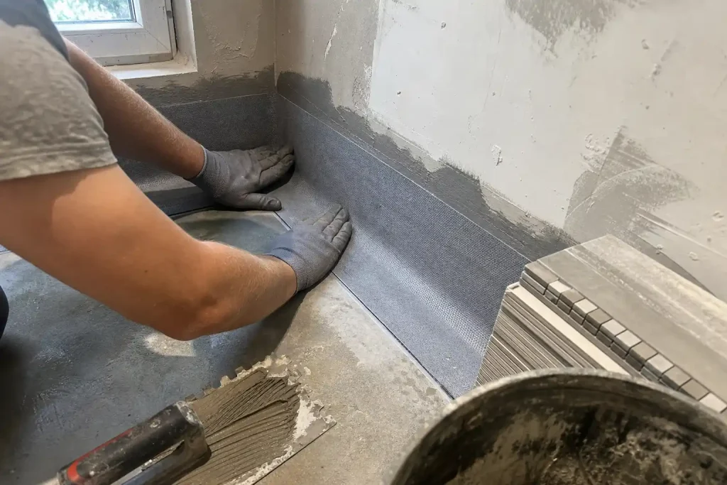 Handskbeklädda händer trycker fast tätskikt i badrumshörna under renovering, relevant när man undrar vad golvvärme i badru...