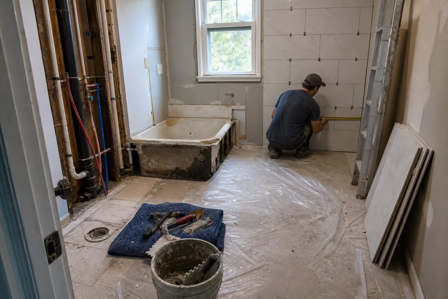 Badrum mitt i renovering med synliga rör och kakel, ett exempel på hur lång tid tar en badrumsrenovering i praktiken