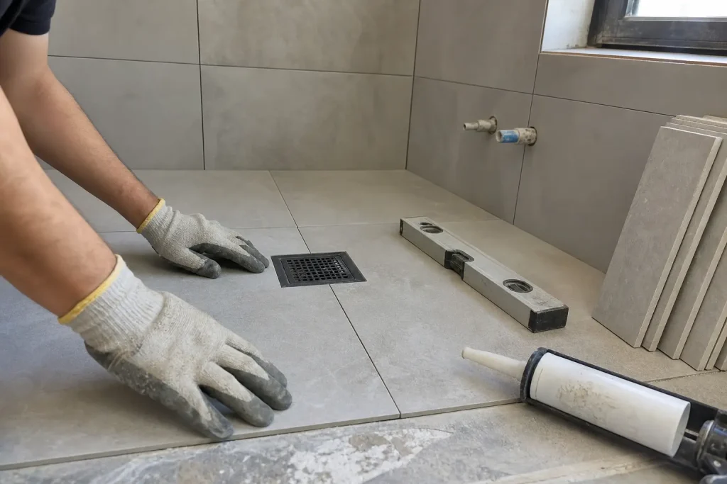 Handskbeklädda händer kontrollerar tätning vid golvbrunn under badrumsrenovering, relevant för hur lång tid tar en badrums...
