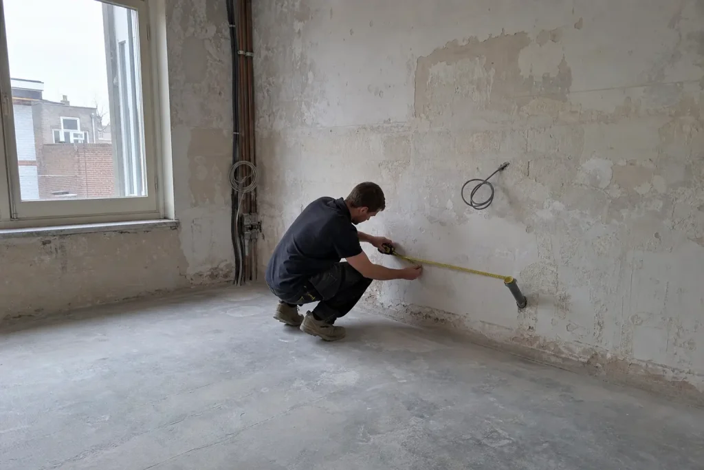 Hantverkare mäter väggavstånd i tomt badrum under renovering, ett exempel på hur lång tid en badrumsrenovering kan ta.