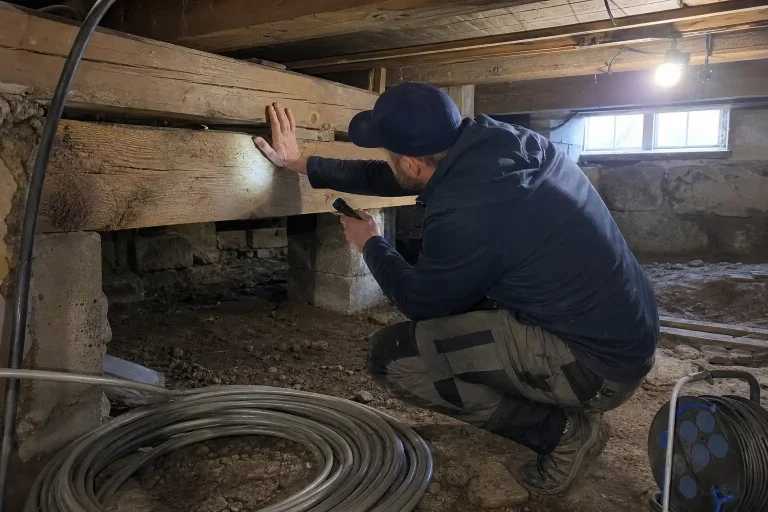 Hantverkare inspekterar bjälklag i källare inför badrumsrenovation, relevant för vad kostar golvvärme i badrummet
