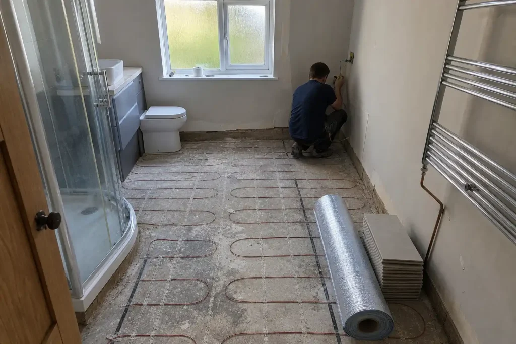 Badrum mitt i renovering med golvvärmeslingor på betonggolvet, relevant när man undrar vad golvvärme i badrummet kostar.